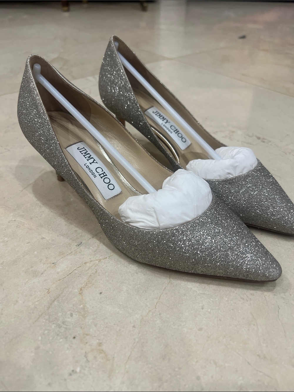 Jimmy Choo Silver Glitter Pointed Kitten Heel Pumps